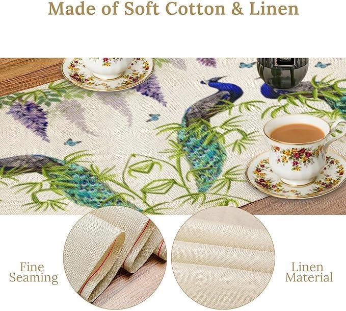 Peacock Table Runner,Spring Plant Butterfly Print Seasonal Table Runner for Home Kitchen Dining Party Indoor Outdoor Decoration 13x60 Inch