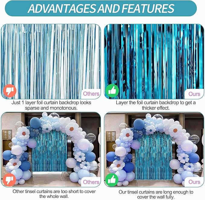 Crosize 8 Pack 3.3 x 9.9 ft Blue Foil Fringe Curtains Party Decorations, Blue Tinsel Curtain Backdrop for Parties, Door Streamers, Glitter Streamer Backdrop for Birthday Decoration