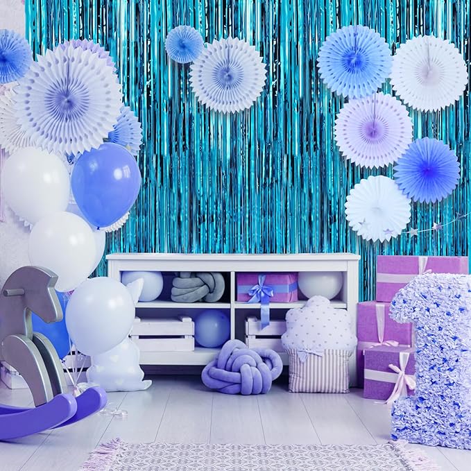 Crosize 2 Pack 3.3 x 9.9 ft Blue Foil Fringe Curtains Party Decorations, Blue Tinsel Curtain Backdrop for Parties, Door Streamers, Glitter Streamer Fringe Backdrop for Birthday Decoration