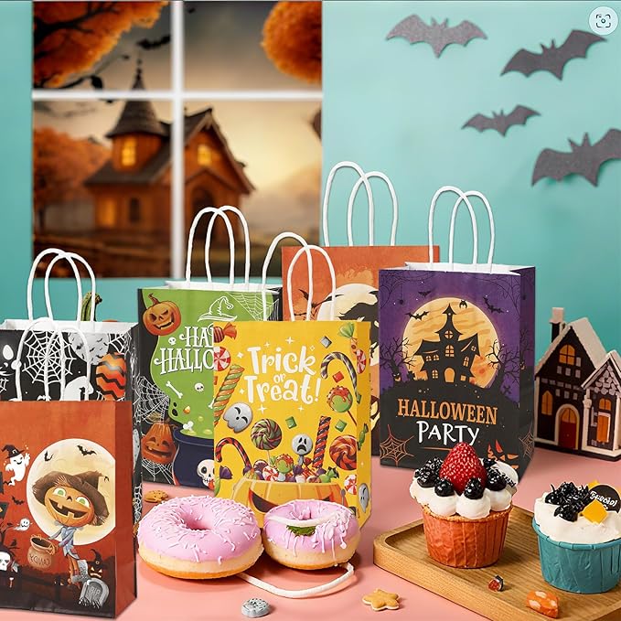 24 Pcs Halloween Paper Gift Bags, 6 Styles Halloween Goodie Bags with Handles, Halloweens Treat Bag Party Favors Bag Holiday Trick or Treat Party Supplies
