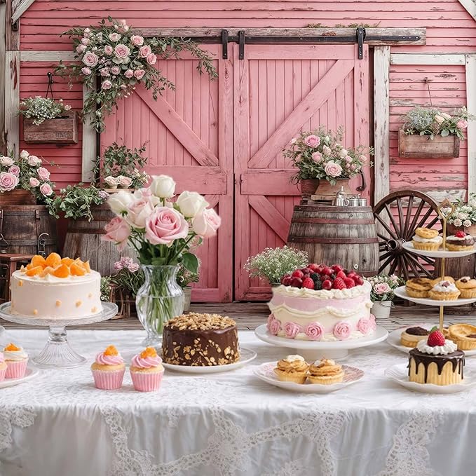 5x4ft Country Wedding Pink Photography Backdrop Rustic Wooden Barn Door Photography Backdrop Farmhouse Flower Western Girl Birthday Baby Shower Wedding Bridal Party Banner Photo Booth Props Background