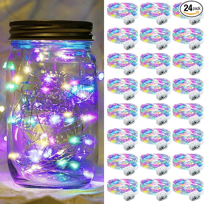 24 Pack Fairy Lights 7Ft 20 LED Twinkle String Lights 3 Modes Battery Operated Waterproof Firefly Starry for Mason Jar Party Wedding Christmas Valentines Day Table Centerpieces,Multicolor