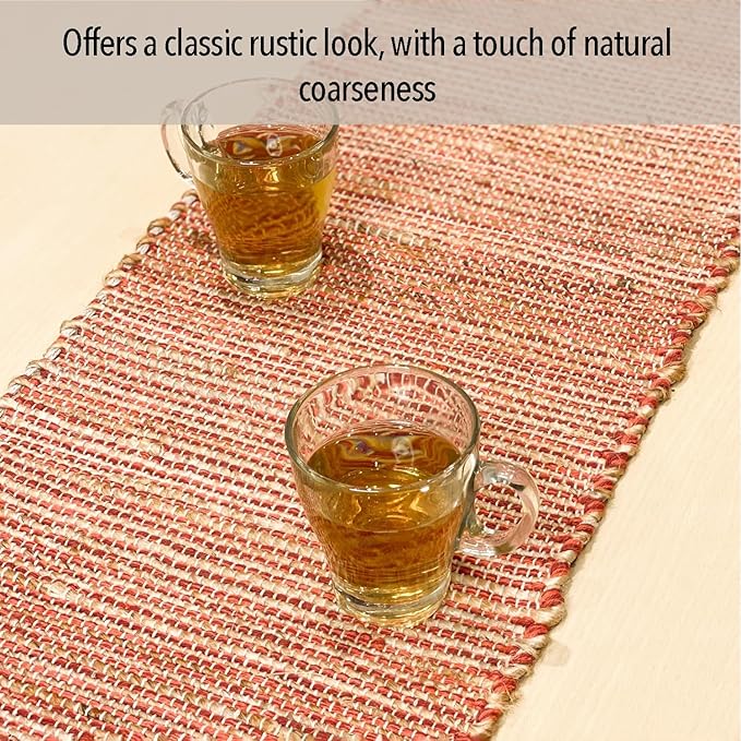 Chardin home Natural Jute Table Runner 13x48 Inch – Vintage Boho Rustic Table Decor – Handwoven Table Runner in Natural Jute and Rust Orange – Farmhouse Dining or Console Table Accent