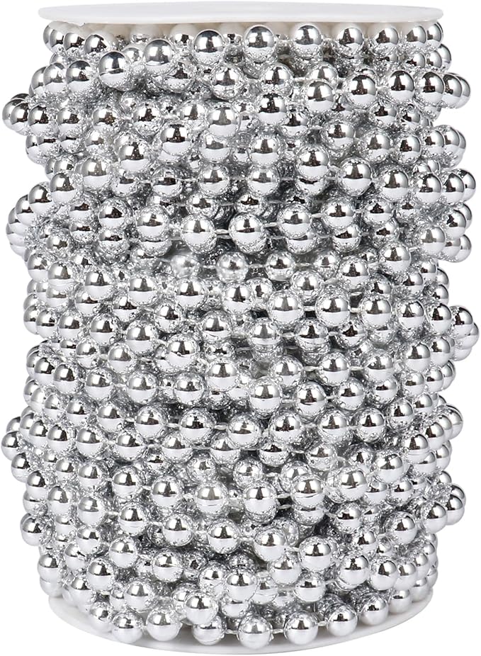 [66 Feet] Silver Pearl Beads Garland, 8MM 22 Yards Silver Faux Pearl Beads String Roll Bulk for DIY Craft Christmas Tree Wedding Party Decoration