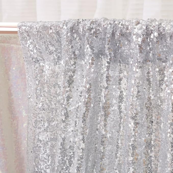 Poise3EHome Silver Sequin Backdrop Curtains,2ft x 8ft Sequin Photography Backdrop Curtain 2 Panels for Party Decoration