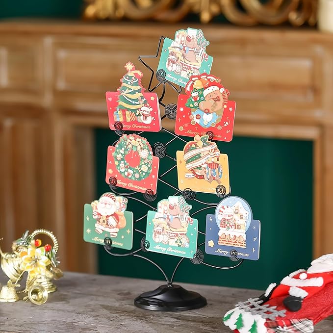 Decorative Metal Christmas Tree Card Holder, 18 Inch Tabletop Holiday Card Display Rack with Star Topper, Black Wire Tree Cards and Photo Holders Stand, Holds up to 19 Place Cards and Memos Pictures