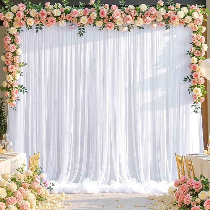 White Tulle Backdrop Curtain for Parties Wedding,5ft x 10ft Wrinkle Free Curtain Backdrop,2 Layer Drapes for Backdrop,Polyester Wedding Back Drop for Bridal Shower Birthday Baby Shower Photography