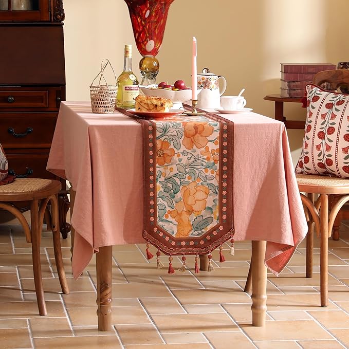 Designer Vintage Orange Floral Table Runner,French Soft Linen Farmhouse Table Runners 71 Inches Long,Decor Tabletop for Kitchen,Dining,Tea Party,Home,Christmas,12"*71"