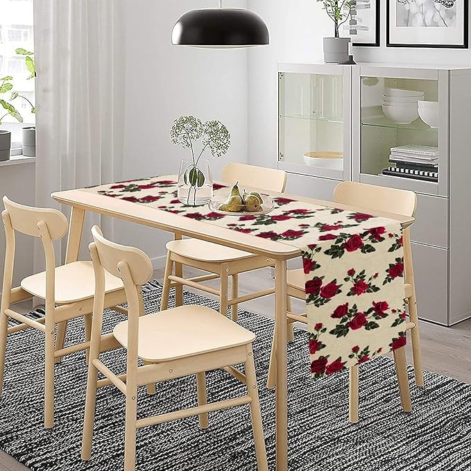 Vintage Rose Table Runner, Red Flowers Green Leaves Valentine's Day Table Runner for Kitchen Dinning Table Runner Decor Home Wedding Party Holiday, 13x120 Inch