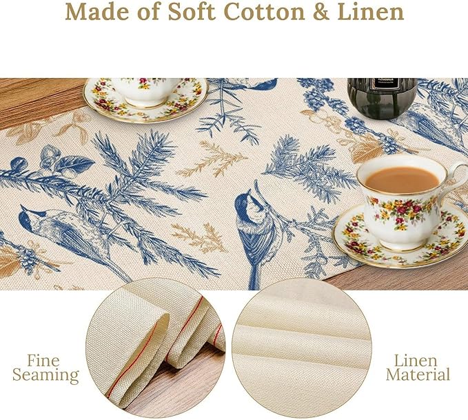 Floral Table Runner,Sketch Birds and Flowers Summer Table Runner Kitchen Dining Table Decoration for Home Party Decor 13x90 Inch