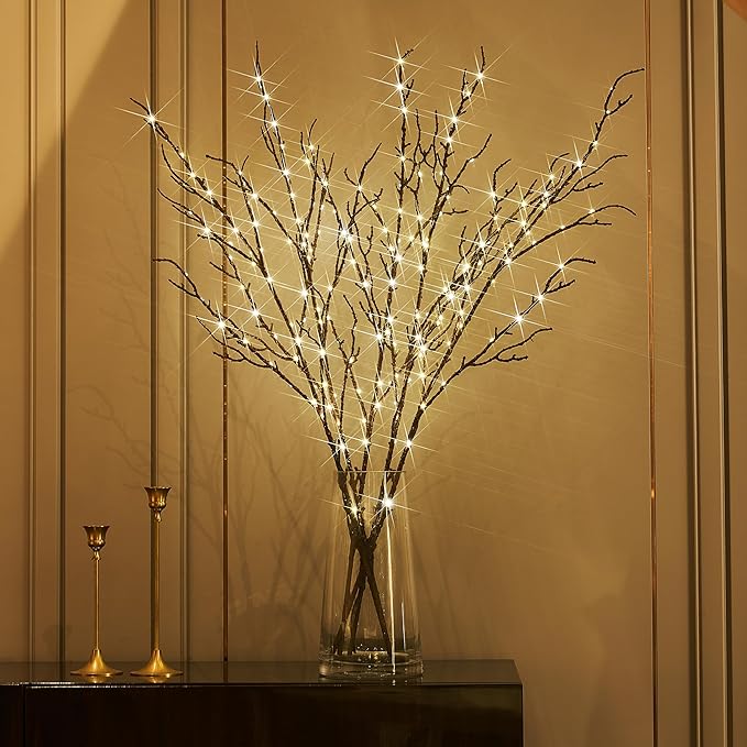 BAOLITVINE Lighted Branches Brown 32IN 200 Warm White Fairy Lights, Lighted Willow Branches with Timer, Dimmer for Home Bedroom Fireplace Christmas Decoration Inside Outdoor