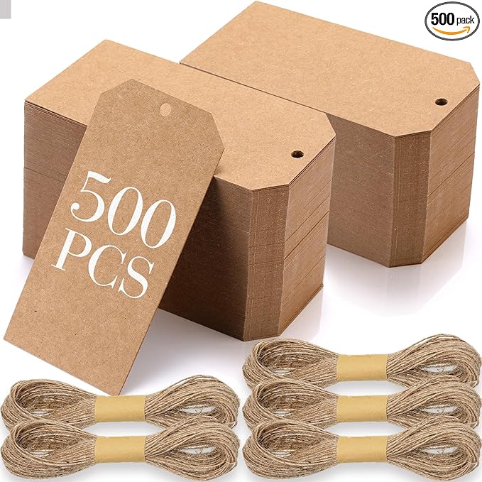 500 Pcs Kraft Paper Gift Tags with String 4.7" x 2.4" Cardboard Price Tag Name Tag Vintage Wedding Birthday Hang Brown Tags with Twine Blank Gift Tag for Wedding Birthday Holiday Art & Craft