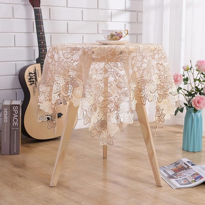 Round Embroidered Lace Tablecloth Vintage Decorative Exquisite Border Table Cover for Party Wedding Home Decorations, Round-60, Beige