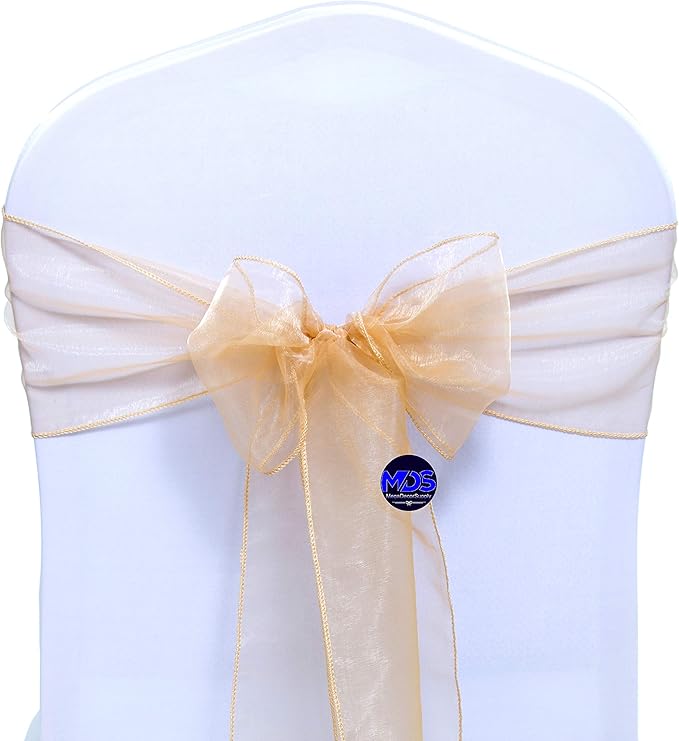MDS Pack of 125 PCS Organza Chair Sashes Wider Dining Chair Bows Ribbon Tie Back for Wedding Party Birthday Bridal Shower Reception Event Banquet Home Chair Cover Decoration - Champagne Gold