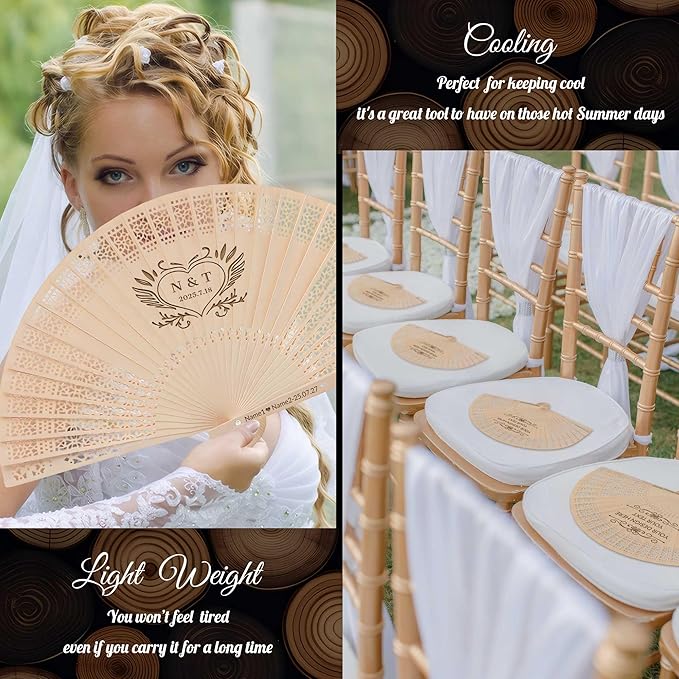 50 PCS Custom Fans Personalized Folding Fans for Line Dancing Wooden Hand Fan Wedding Favors Bulk Fans for Guests Party Event Use (Style02)