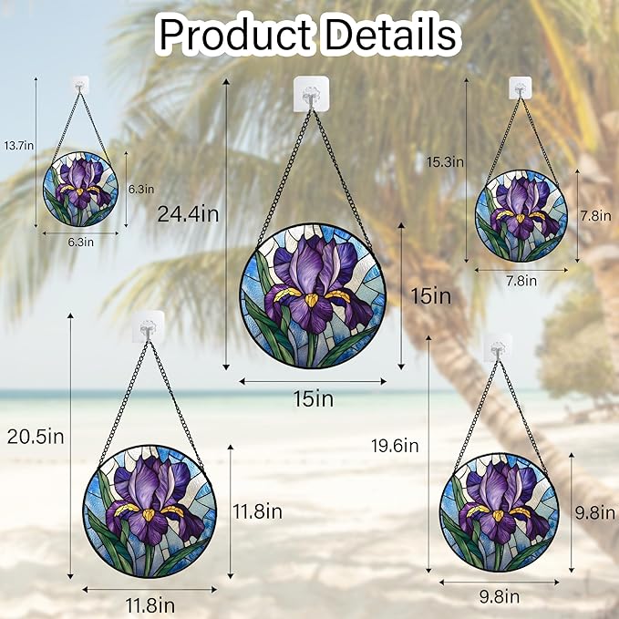 Stained Glass Window Hanging - Iris Birth Flower Suncatcher for Doors Garden Yard Purple Blue Sun Catchers Decor Christmas Mother's Day Birthday Gifts for Teacher Women Mom Nana 11.8 in