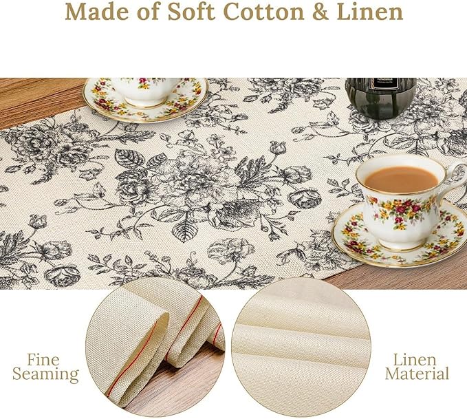 Vintage Flower Table Runner, Black White Wildfloral Floral Sketch Print Kitchen Dinning Table Runner for Indoor Outdoor Home Wedding Party Holiday, 13x120 Inch