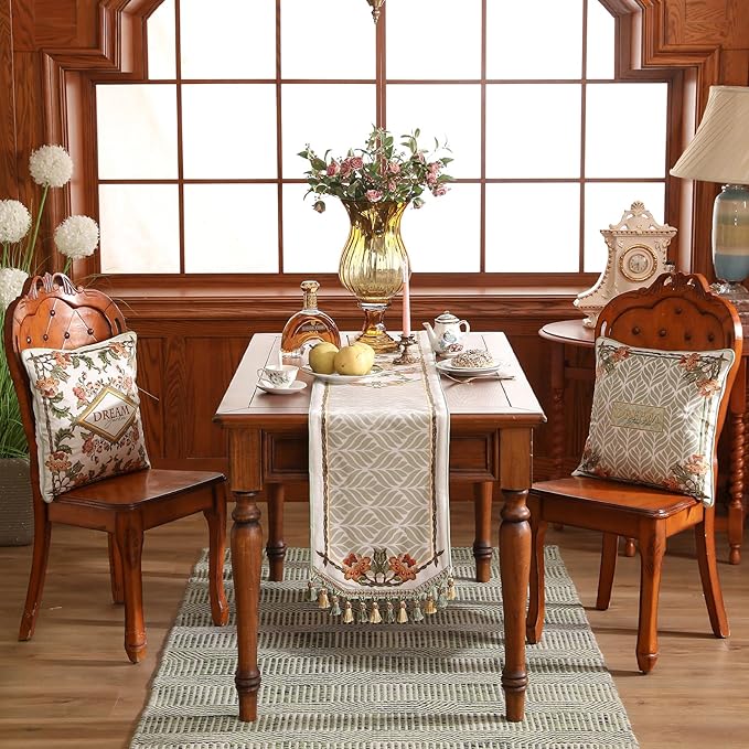 patdrea Designer Elegant French Floral Velvet Table Runner 102 Inch Long,Green with Orange Blossoms Pattern Table Mat, Decor for Kitchen Dining Coffee Table Cabinet Banquet Thanksgiving,12"*102"