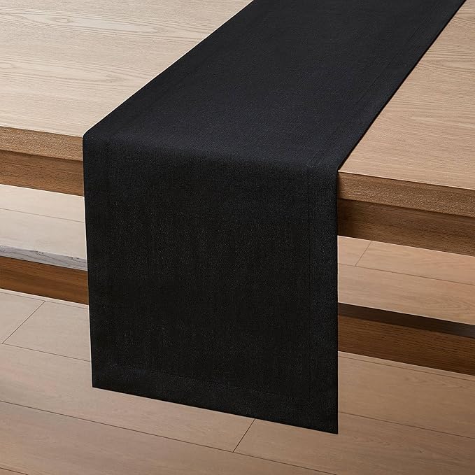 ZeeMart Linen Textured Border Table Runner, 14 x 36 Inch Black, Farmhouse Style Black Table Runners 36 Inches Long, Easy Care Everyday Polyester Table Runner