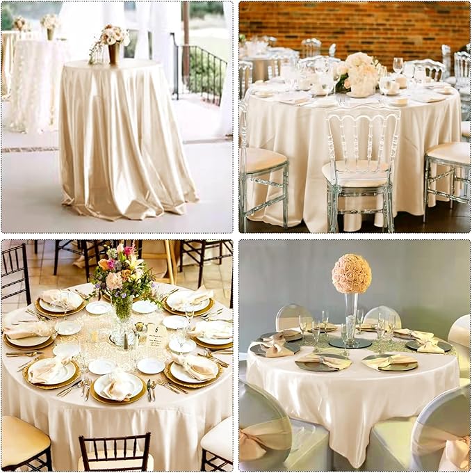 12 Pack 108 Inch Champagne Satin Tablecloth - Premium Bright Silky Round Tablecloth Overlay Smooth Fabric Table Cover, Table Decoration for Wedding Party Banquet Events Restaurant Kitchen Dining