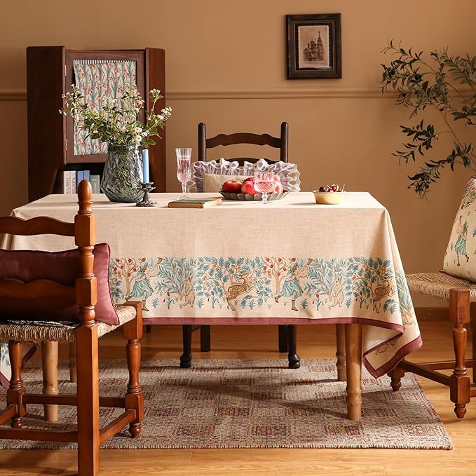 patdrea Designer Beige Extra Long Tablecloth for Rectangle Table,Vintage French Linen Trees Pattern Table Cloth,Decoration Cover for Kitchen Dining Christmas,Thanksgiving,63"x110"-Tatiana D