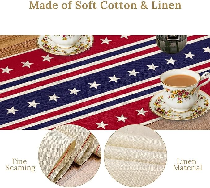 4th of July Table Runner, USA Flag Stars Stripes American Independence Day Red Blue White Stars Lines Print Table Cover for Farmhouse Kitchen Indoor Outdoor Home Party, 13x36inch