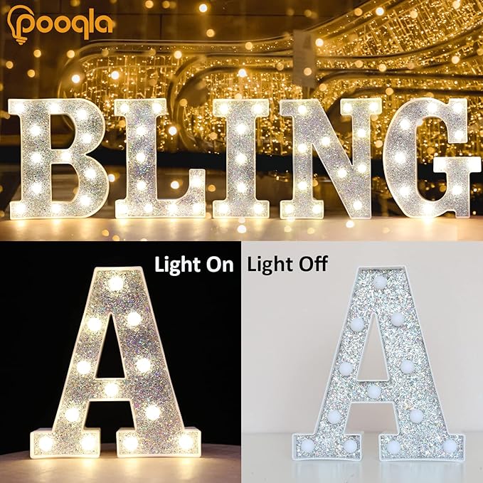 Pooqla Light Up Letters, LED Marquee Letters for Silver Birthday Decorations, Battery Powered Night Light Teenager Girl Room Decor, Gift for Girls Boys Wedding Bedroom Christmas Party Decor, Letter T