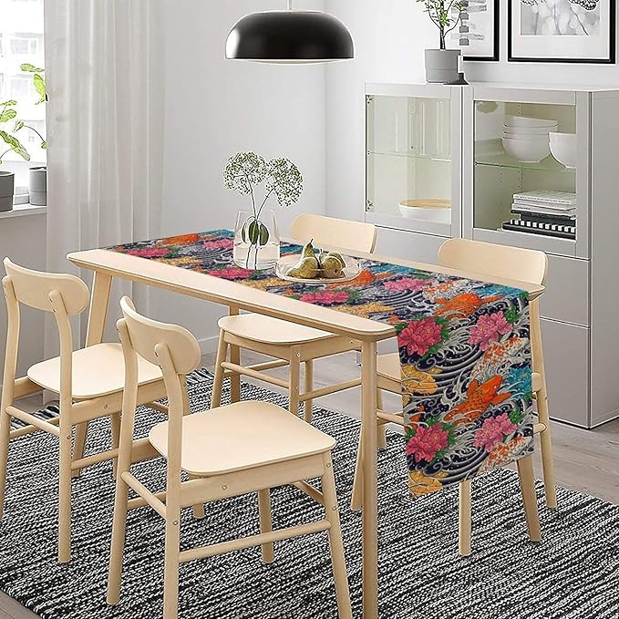 Japanese Retro Flowers Table Runner Oriental Tradition Kio Fish Art Printed Burlap Runner Home Kitchen Dining Table Living Room Decor Fabric 1 Panel W13xL90in