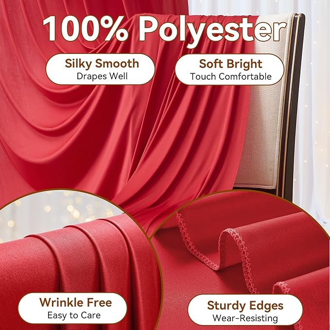 50×12ft Wrinkle Free Red Backdrop Curtain for Wedding Parties,10 Panels 5×12ft Long Soft Silky Polyester Backdrop Drapes Red Photo Back Drop Curtains for Photography Stage Christmas Background Cloth