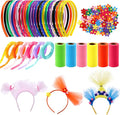 Canlierr 24 Pcs Rainbow Headbands 6 Tulle Mesh Fabric Rolls 100 Felt Flowers Embellishments for DIY Crafts 6 Colorful Satin Roll Ribbons for DIY Headbands Halloween Party Decoration