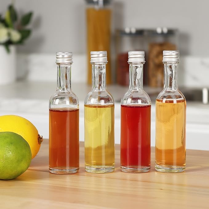 50 ml Mini Glass Bottles With Aluminum Lids and Heat Shrinks, 24 Pack (Red Caps) for Liquor Sauce Beverage Sample Party Favor Ginger Wellness Shots