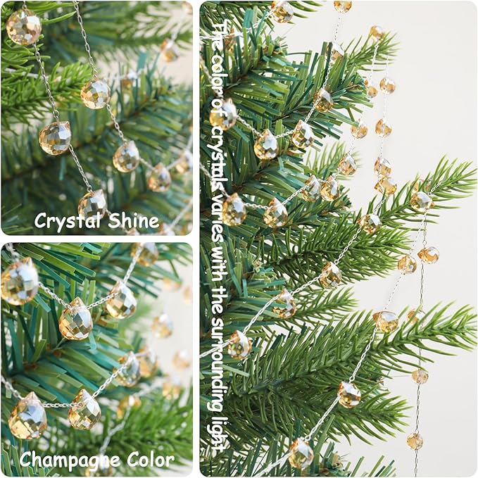 Christmas Garland, 9.8Ft Crystal Glass Beads Strands, 100pcs 10mm Faceted Waterdrop Glass Beads Hanging Ornament for Christmas Tree Centerpieces Wedding Party Decorations (Gold)