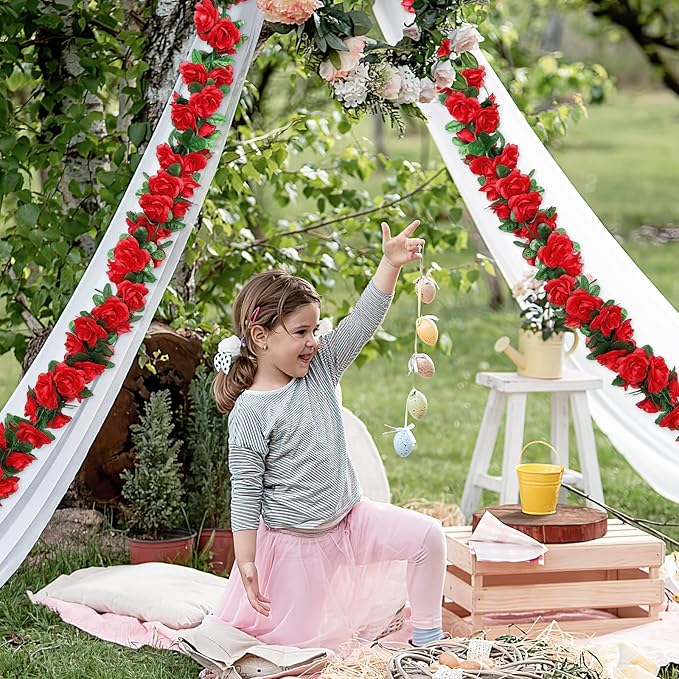 KHOYIME 18 Pack 144 FT Artificial Flower Garland, Fake Red Roses Vines Silk Flowers Faux Plastic Outdoor Hanging Floral Ivy Garland Decoration for Wedding Arch Bedroom Home Wall Backdrop Room Decor