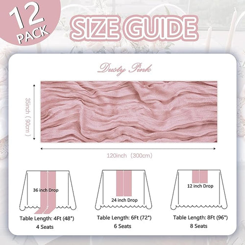 12 Pack Dusty Pink Cheesecloth Table Runner 10ft Boho Gauze Fabric Cheese Cloth Table Runner 35 x 120 Inch Rustic Sheer for Romantic Wedding Decor Baby Shower Party Table Centerpiece Decoration