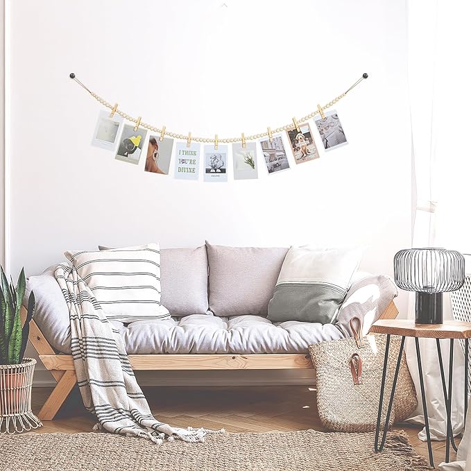 Hanging Photo Display Wall Decor, 2PCS Boho Wooden Bead Garland Collage Picture Frame with 9 Wood Clips for Bedroom, Living Room, Office, Dorm Decor, Photos Holder Teen Girl Gifts