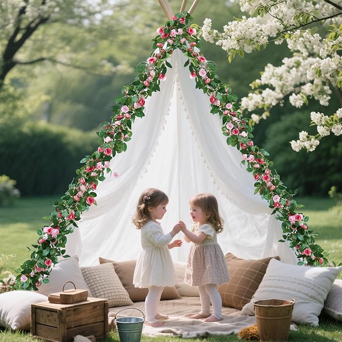 4 Packs Artificial Rose Garland: 31.48Ft Each Fake Flower Vine with Improved Color & 10 Ties for Wedding Arch Backdrop, Home Wall Party Decor, Christmas Decor, Pink