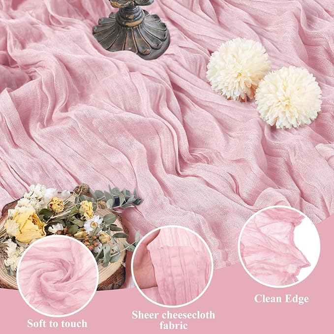 Asee'm 12pcs Cheesecloth Table Runner 120 Inches Blushing Pink Boho Gauze Cheese Cloth Runner 10FT Rustic Sheer Table Runners for Summer Wedding Baby Shower Holiday Party Decoration