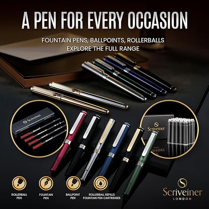 Scriveiner Deep Crimson Red Fountain Pen - Stunning Luxury Pen with Chrome Finish, Schmidt Nib (Fine), Best Pen Gift Set for Men & Women, Professional, Executive, Office, Nice Pens