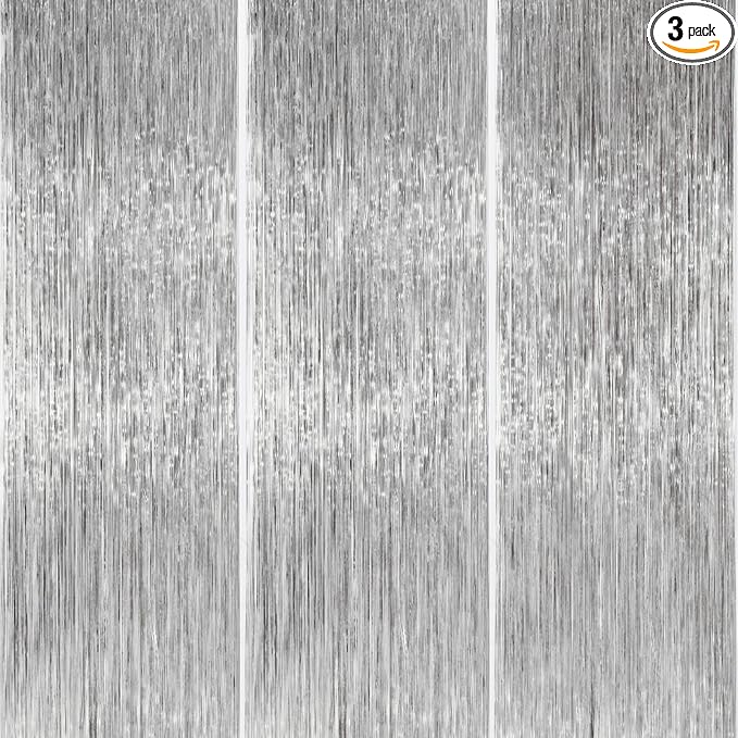 ParyWoo Silver Streamers 3pcs Tinsel Backdrop 8.2FT Metallic Tinsel Foil Fringe Streamer Curtains Party Photo Booth Backdrop for Graduation Baby Shower Bachelorette Wedding Disco Party Decorations