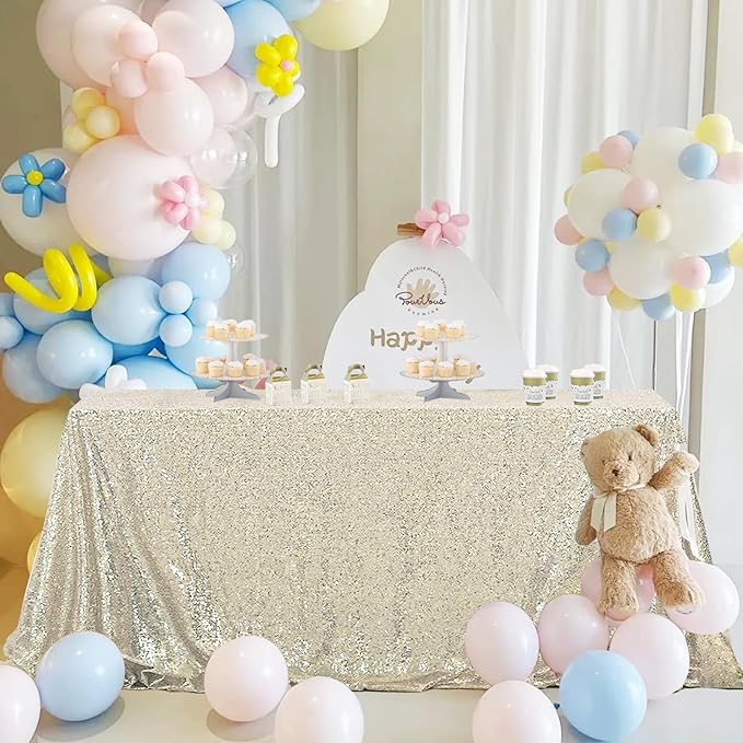 OQSQ Champagne Sequin Tablecloth 50x80 inch, Glitter Drape Table Cloth, Sparkle Sequence Table Overlays for Thanksgiving Day Wedding Birthday Party Baby Bridal Shower