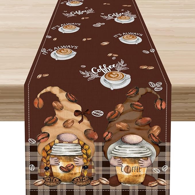 Coffee Time Table Runner, Farmhouse Retro Gnome Coffee Cup Tea Party Cafe Brwon Table Center Decor for Home Kitchen Dining Patio Holiday Party Indoor Outdoor Table Decorations,13"x108" Inch