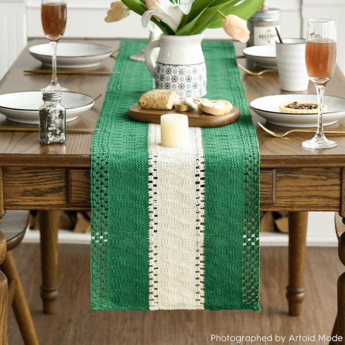 Artoid Mode Dark Green Farmhouse Rustic Table Runner, Seasonal Hollow Kitchen Dining Table Decoration for Home Party Decor 12x90 Inch