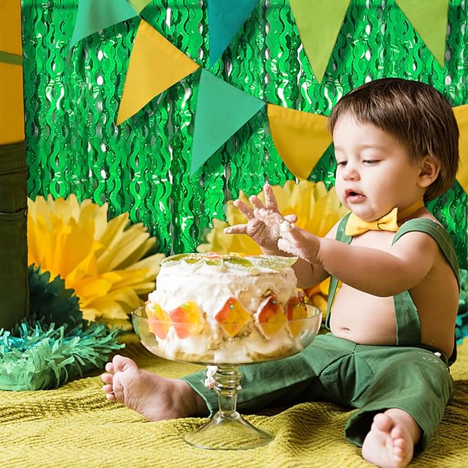 Green Tinsel Foil Fringe Curtains Wavy Backdrop for Parties Sparkle Metallic Wavy Foil Fringe Backdrop Curtain for Party Decorations Photo Booth Props for Birthday Graduation Wedding