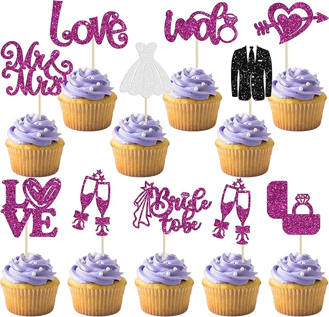 Ephlyn 30Pcs Bride to be Cupcake Toppers Glitter Wedding Cake Topper Decorations I Do Love Heart Ring Cupcake Picks for Bridal Shower Wedding Engagement Party Supplies Purple