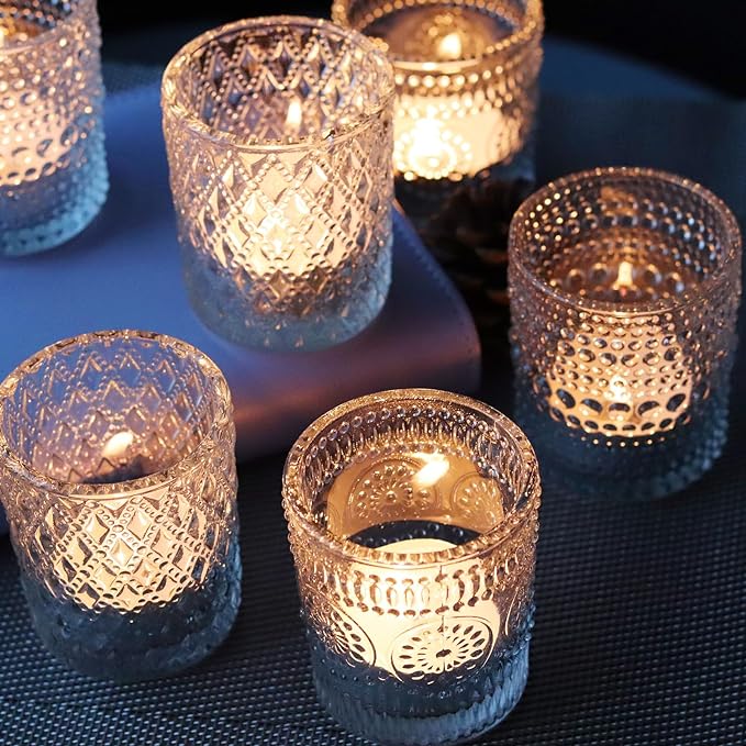 Clear Glass Votive Candle Holders, 12 pcs 3 Patterns Tealight Candle Holders for Wedding Table Centerpiece Birthday Party Thanksgiving Christmas Decoration
