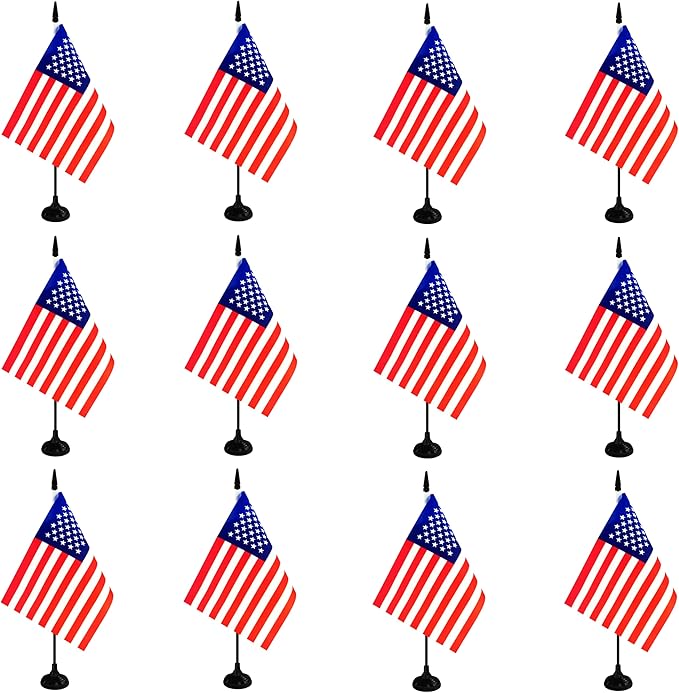 America USA Desk Flag, 12 Pack American Table Office Flag with Black Solid Pole and Stand Base, International Country Flag, 4th of July, Classroom Meeting Desktop Decor (USA)