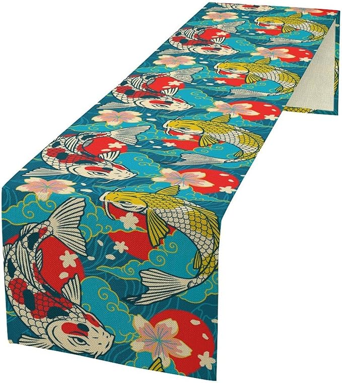 Japanese Kio Fish Table Runner Oriental Tradition Cherry Art Printed Burlap Runner Home Kitchen Dining Table Living Room Decor Fabric 1 Panel W13xL108in