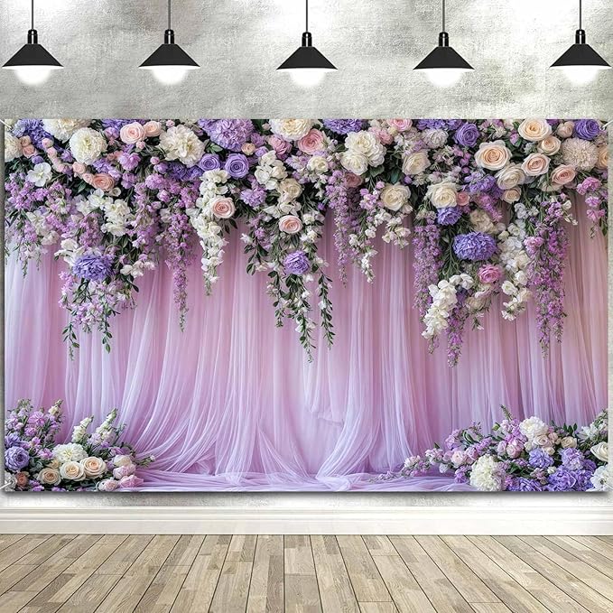 5x4ft Purple Lavender Floral Bridal Backdrop Wedding Flower Photography Backdrop for Girl Portrait Baby Shower Birthday Party Decor Banner Mother's Day Party Wall Backdrop Studio Photo Backgrounds