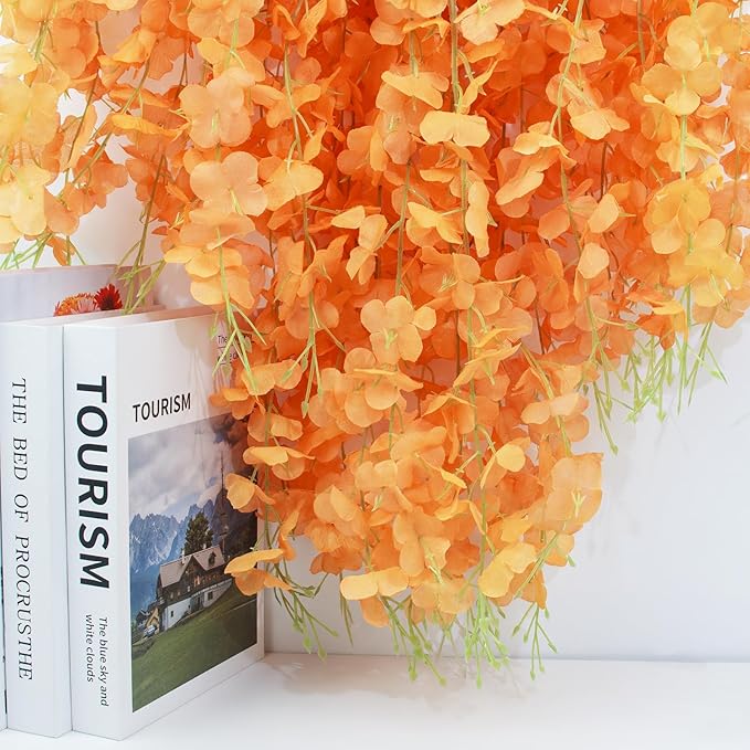 24 Pack Wisteria Hanging Artificial Fall Flowers Fake Flowers Ratta Hanging Garland Silk Flowers String for Home Garden Party Wedding Backdrop Arch Decor (Orange)