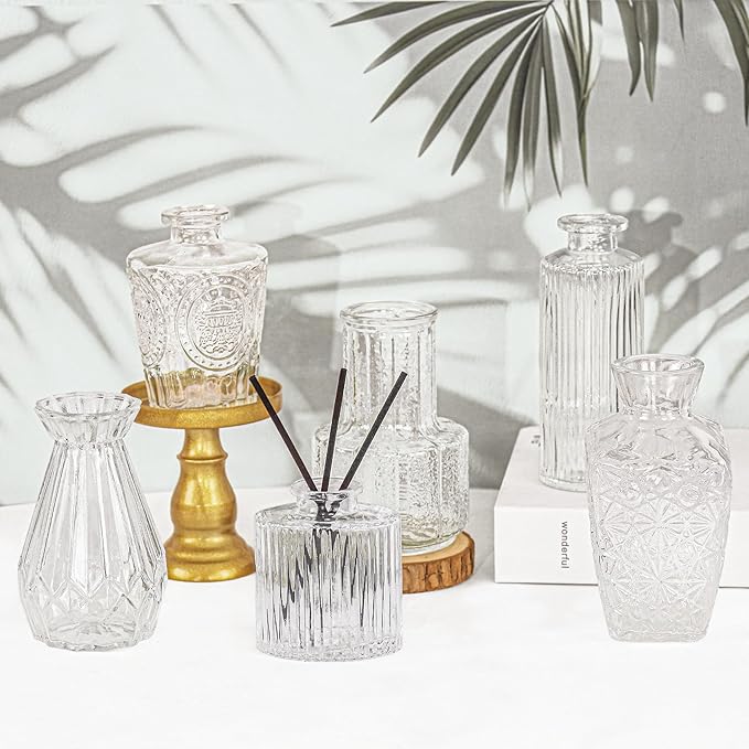 6Pcs Glass Bud Vase Set,Small Flower Vase for Tables Centerpieces Decor, Mini Vintage Clear Vase for Home,Wedding,Party Decorations（6 Pcs，Clear）